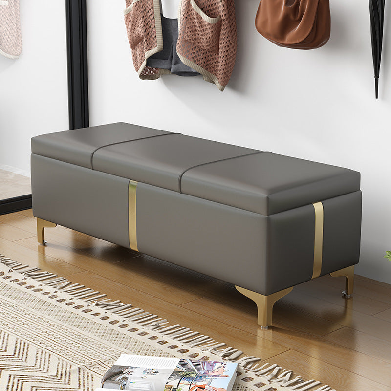 Contemporary Scandinavian Leather Wood Titanium Alloy Sponge Rectangular Storage Bench Backless For Entryway