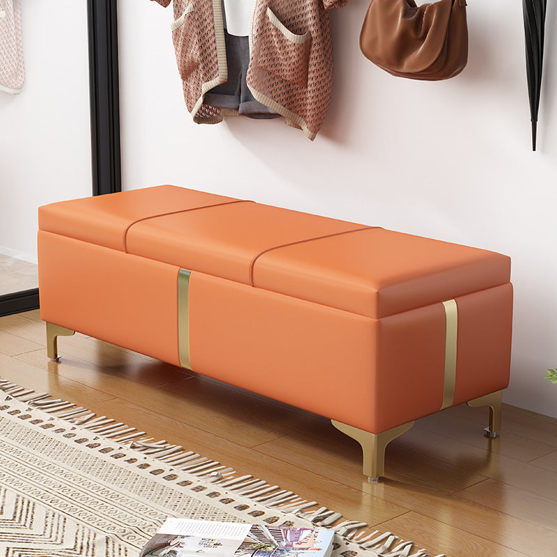 Contemporary Scandinavian Leather Wood Titanium Alloy Sponge Rectangular Storage Bench Backless For Entryway