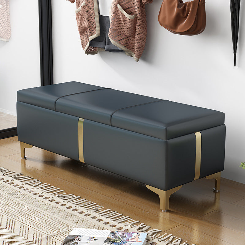 Contemporary Scandinavian Leather Wood Titanium Alloy Sponge Rectangular Storage Bench Backless For Entryway