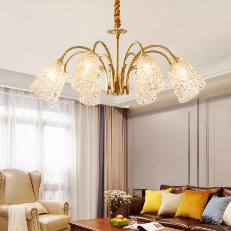 Contemporary Luxury Brass Glass Cylinder Texture 3/5/6/8/10 Light Chandeliers For Living Room