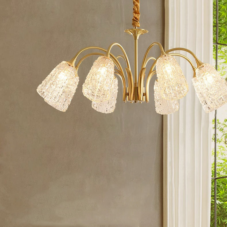 Contemporary Luxury Brass Glass Cylinder Texture 3/5/6/8/10 Light Chandeliers For Living Room