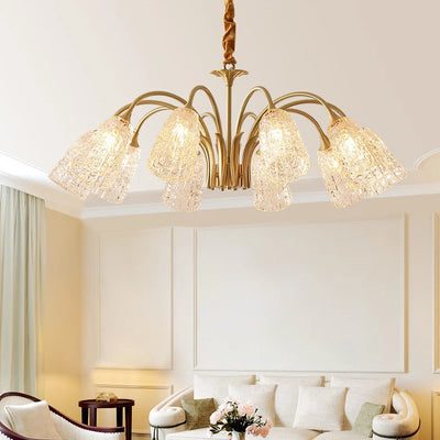 Contemporary Luxury Brass Glass Cylinder Texture 3/5/6/8/10 Light Chandeliers For Living Room