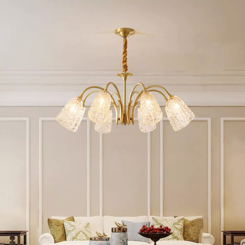 Contemporary Luxury Brass Glass Cylinder Texture 3/5/6/8/10 Light Chandeliers For Living Room