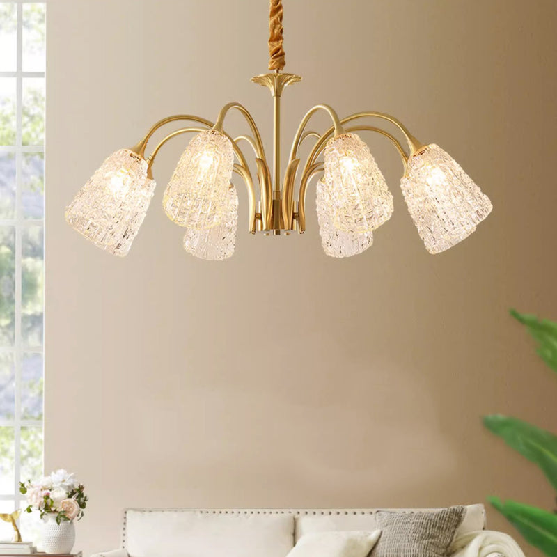 Contemporary Luxury Brass Glass Cylinder Texture 3/5/6/8/10 Light Chandeliers For Living Room