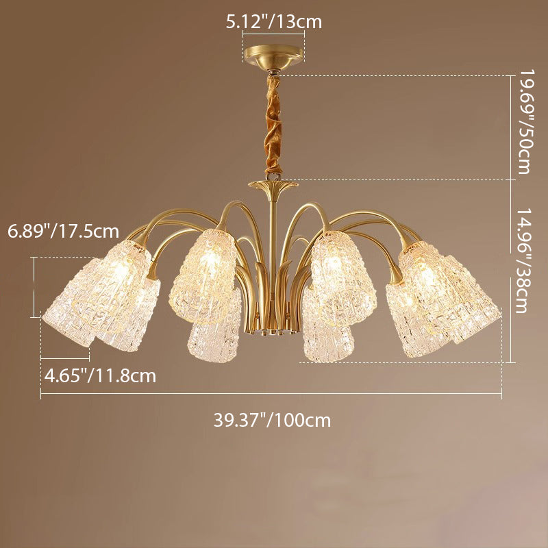 Contemporary Luxury Brass Glass Cylinder Texture 3/5/6/8/10 Light Chandeliers For Living Room