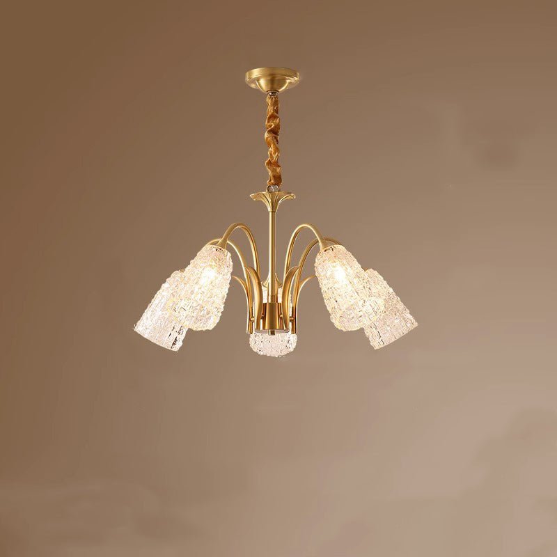 Contemporary Luxury Brass Glass Cylinder Texture 3/5/6/8/10 Light Chandeliers For Living Room