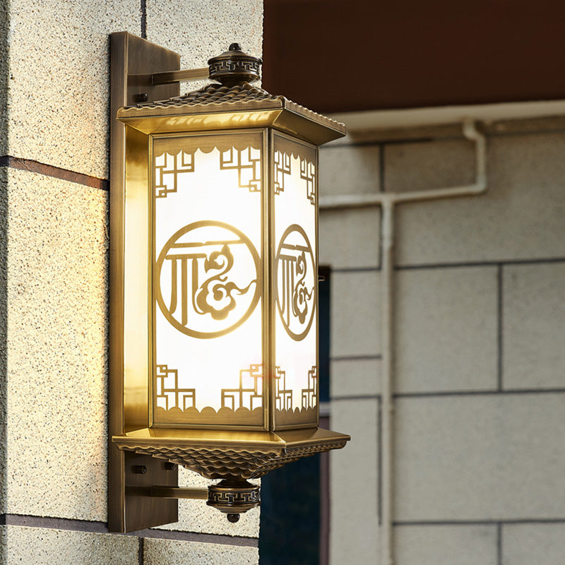 Traditional Chinese Rectangular Palace Lantern Full Copper Glass 1-Light Wall Sconce Lamp For Outdoor Patio