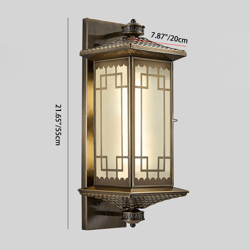 Traditional Chinese Rectangular Palace Lantern Full Copper Glass 1-Light Wall Sconce Lamp For Outdoor Patio