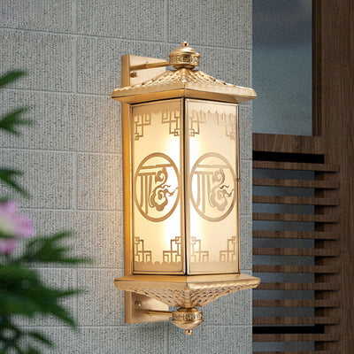 Traditional Chinese Rectangular Palace Lantern Full Copper Glass 1-Light Wall Sconce Lamp For Outdoor Patio