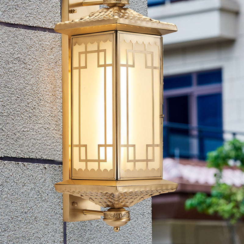 Traditional Chinese Rectangular Palace Lantern Full Copper Glass 1-Light Wall Sconce Lamp For Outdoor Patio