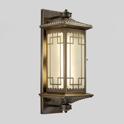 Traditional Chinese Rectangular Palace Lantern Full Copper Glass 1-Light Wall Sconce Lamp For Outdoor Patio