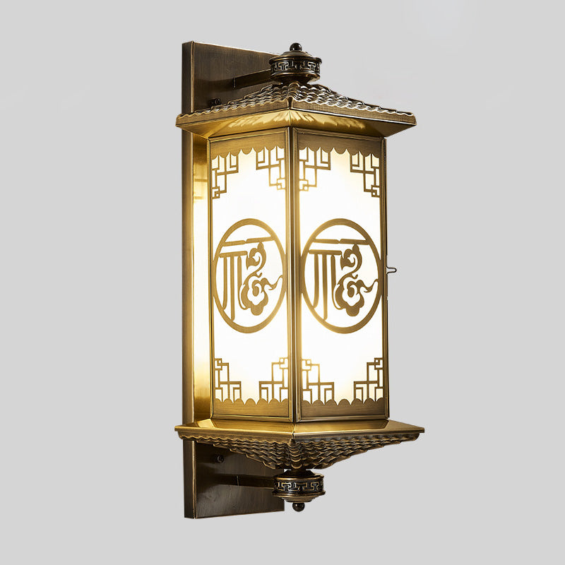 Traditional Chinese Rectangular Palace Lantern Full Copper Glass 1-Light Wall Sconce Lamp For Outdoor Patio