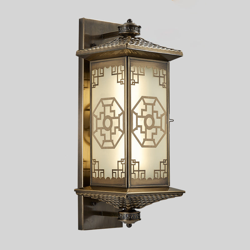 Traditional Chinese Rectangular Palace Lantern Full Copper Glass 1-Light Wall Sconce Lamp For Outdoor Patio