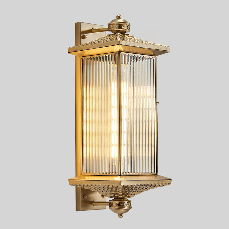 Traditional Chinese Rectangular Palace Lantern Full Copper Glass 1-Light Wall Sconce Lamp For Outdoor Patio