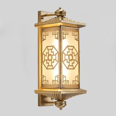 Traditional Chinese Rectangular Palace Lantern Full Copper Glass 1-Light Wall Sconce Lamp For Outdoor Patio