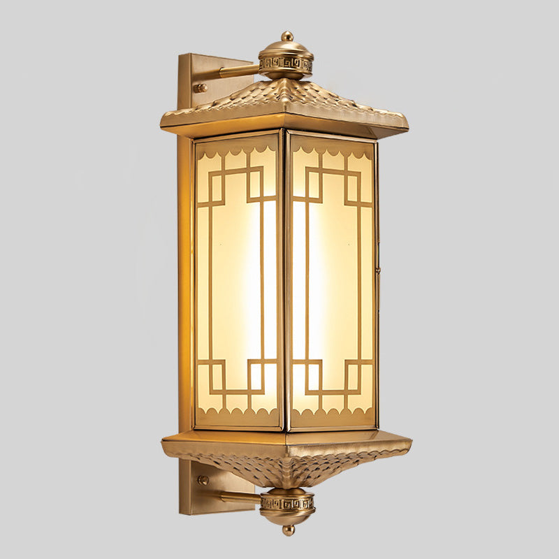 Traditional Chinese Rectangular Palace Lantern Full Copper Glass 1-Light Wall Sconce Lamp For Outdoor Patio