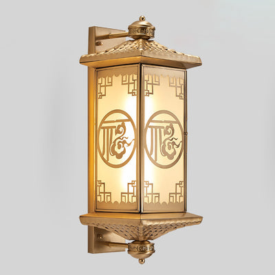 Traditional Chinese Rectangular Palace Lantern Full Copper Glass 1-Light Wall Sconce Lamp For Outdoor Patio