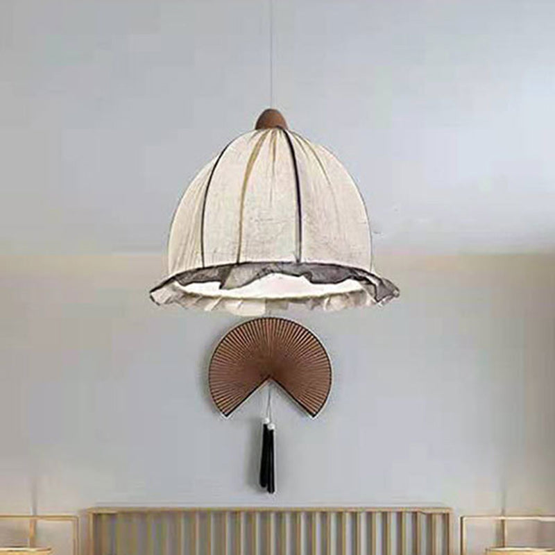 Traditional European Dome Fabric Wood 1-Light Pendant Light For Living Room