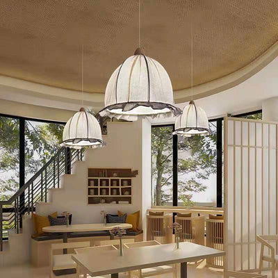 Traditional European Dome Fabric Wood 1-Light Pendant Light For Living Room