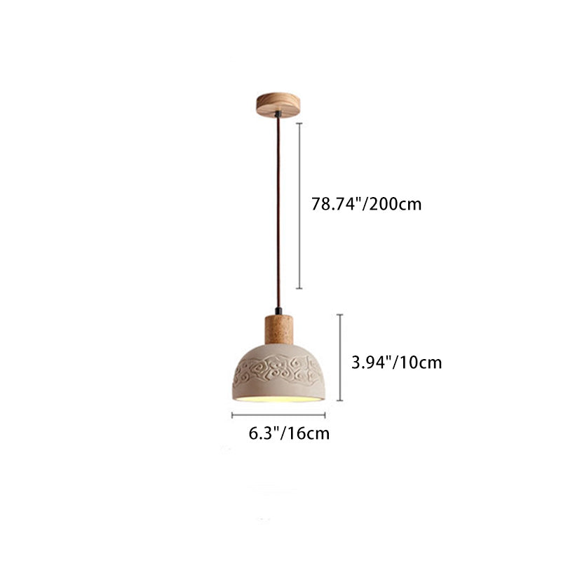 Contemporary Scandinavian Dome Cement Wood 1-Light Pendant Light For Living Room