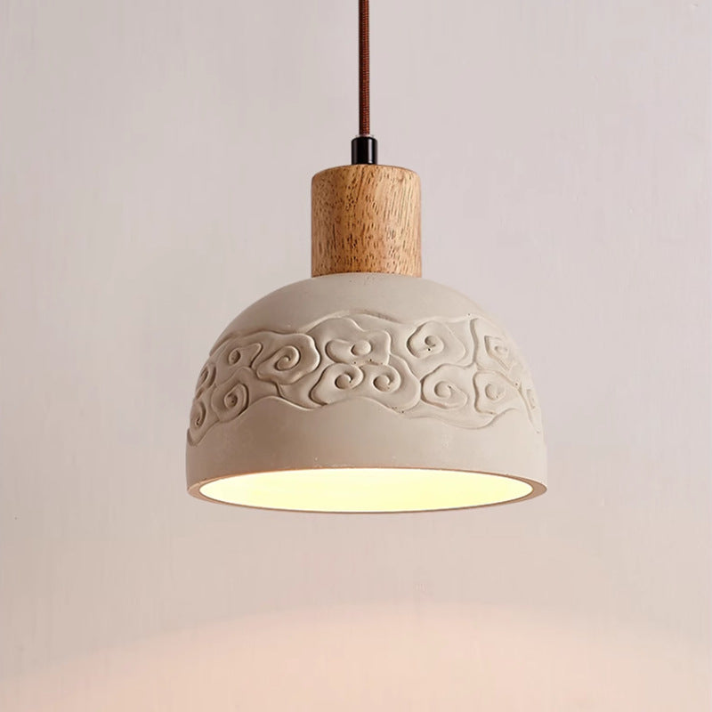 Contemporary Scandinavian Dome Cement Wood 1-Light Pendant Light For Living Room