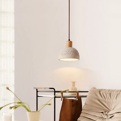 Contemporary Scandinavian Dome Cement Wood 1-Light Pendant Light For Living Room