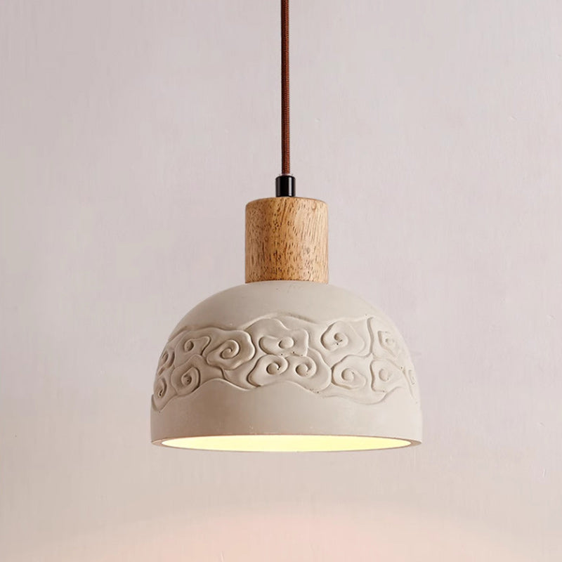 Contemporary Scandinavian Dome Cement Wood 1-Light Pendant Light For Living Room