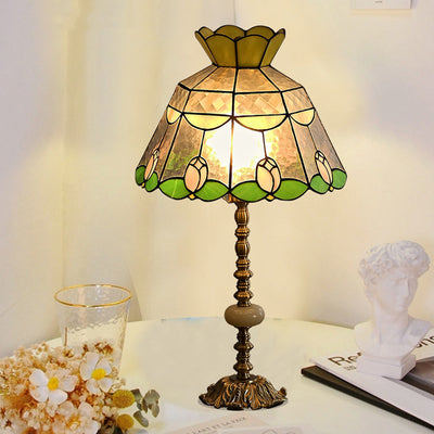 Traditional Tiffany Dome Glass Copper 1-Light Table Lamp For Living Room