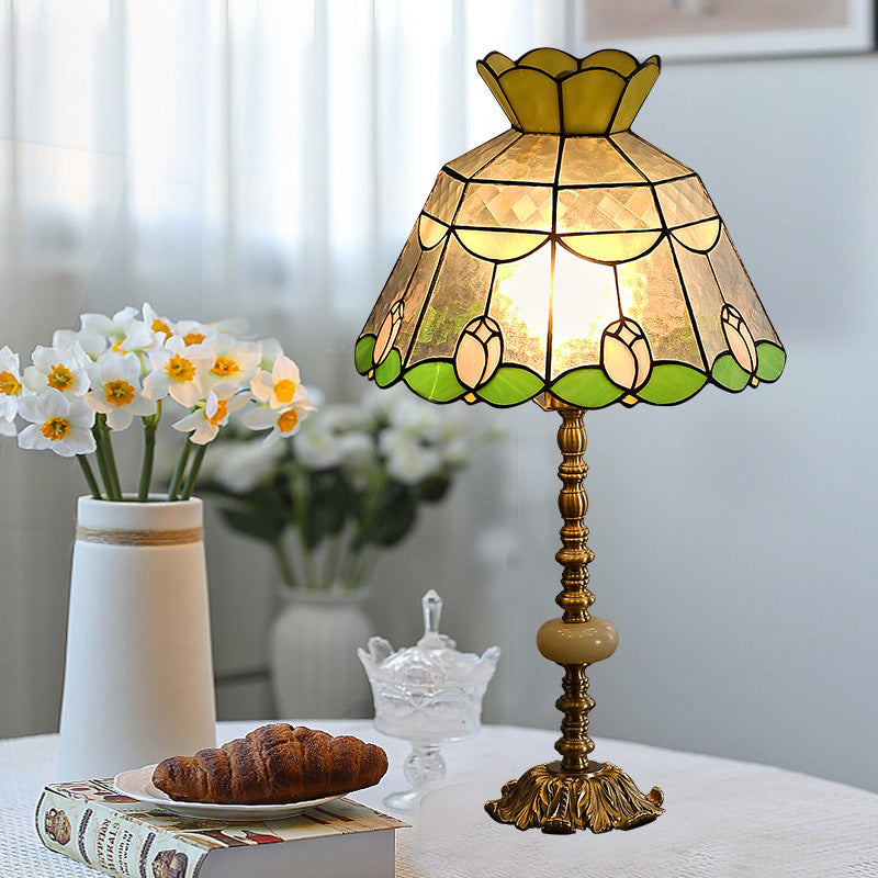 Traditional Tiffany Dome Glass Copper 1-Light Table Lamp For Living Room