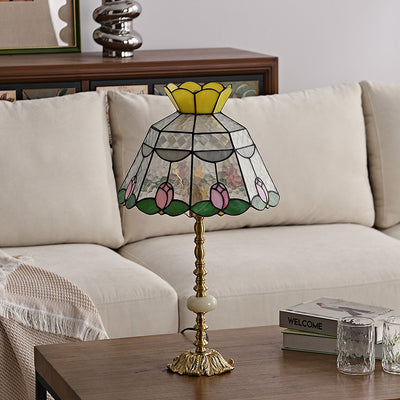 Traditional Tiffany Dome Glass Copper 1-Light Table Lamp For Living Room