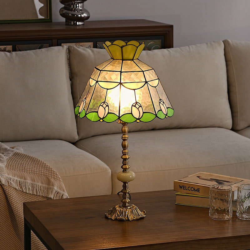 Traditional Tiffany Dome Glass Copper 1-Light Table Lamp For Living Room