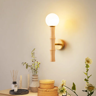 Contemporary Retro Column Wood Glass 1-Light Wall Sconce Lamp For Living Room