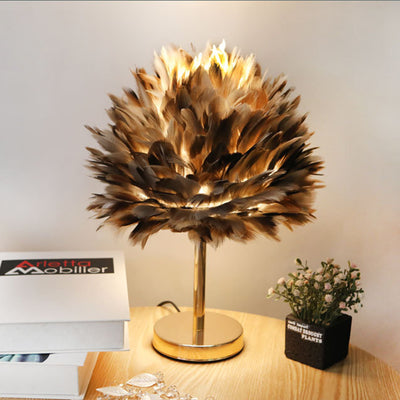 Contemporary Creative Oval Feather Iron 1-Light Table Lamp For Living Room