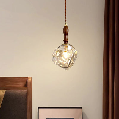 Traditional Japanese Cube Glass Wood Aluminum 1-Light Pendant Light For Living Room