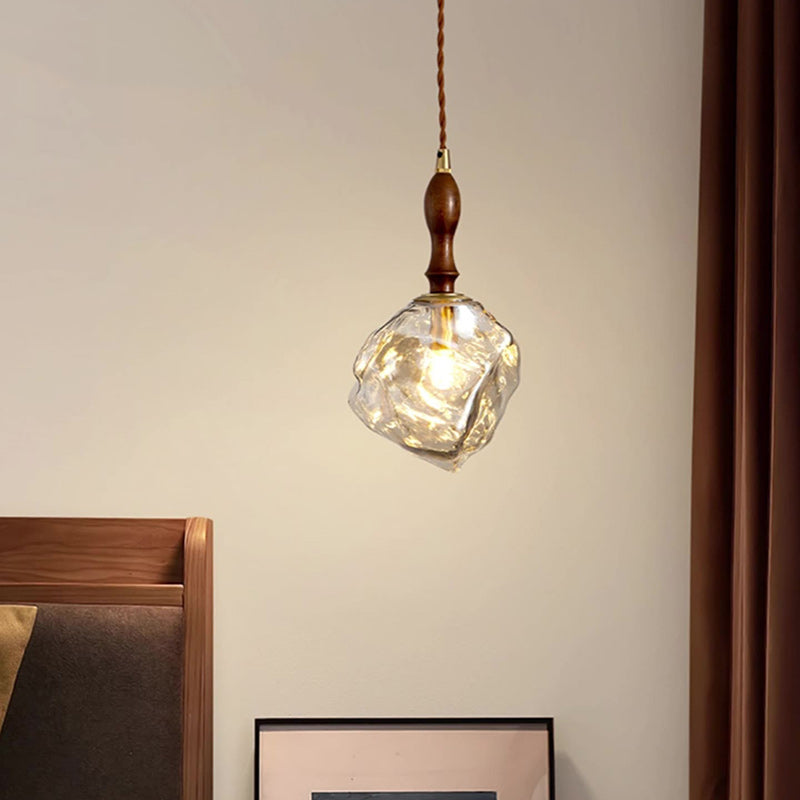 Traditional Japanese Cube Glass Wood Aluminum 1-Light Pendant Light For Living Room