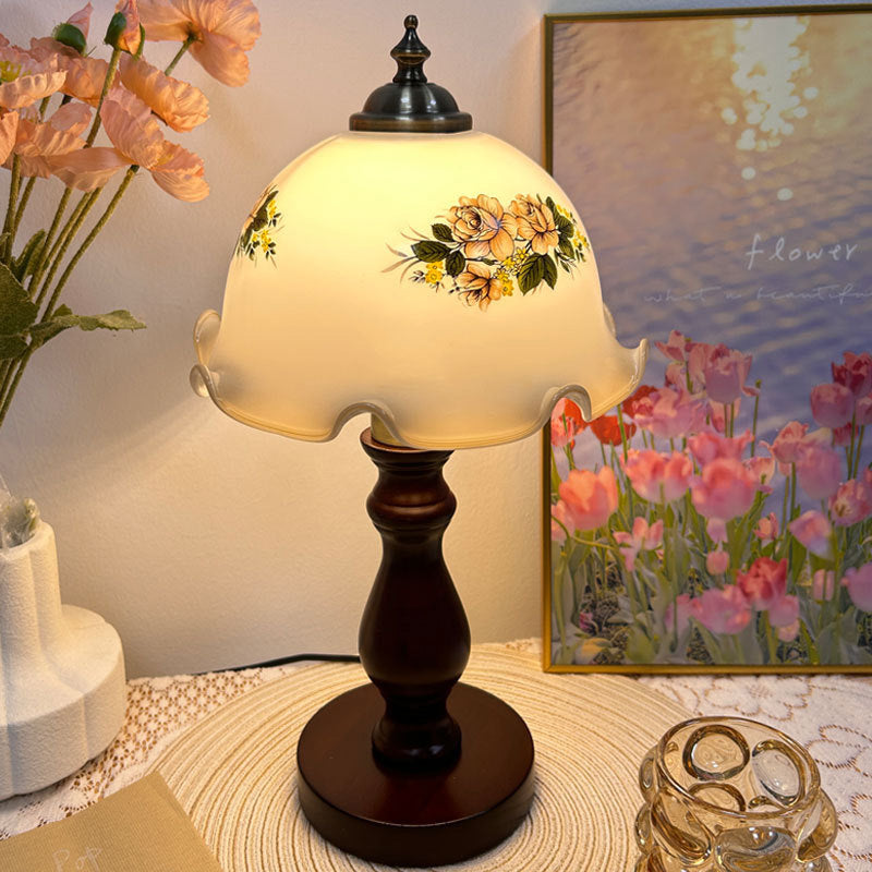 Traditional Rustic Dome Wood Glass 1-Light Table Lamp For Living Room