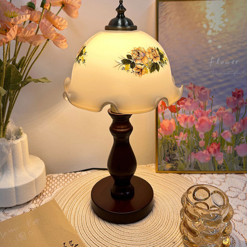 Traditional Rustic Dome Wood Glass 1-Light Table Lamp For Living Room