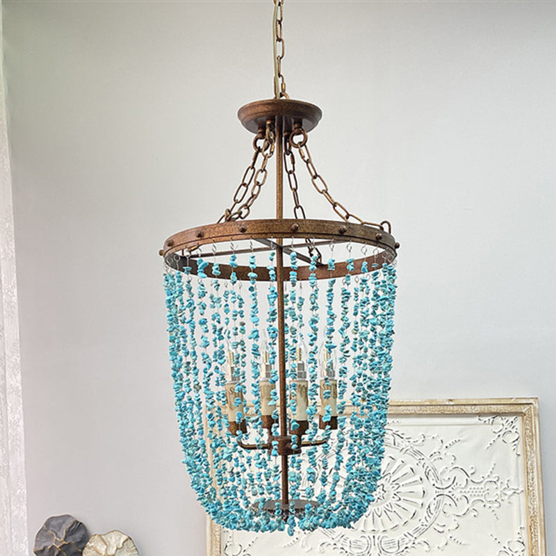 Traditional French Round Iron Stone 4-Light Chandelier For Living Room