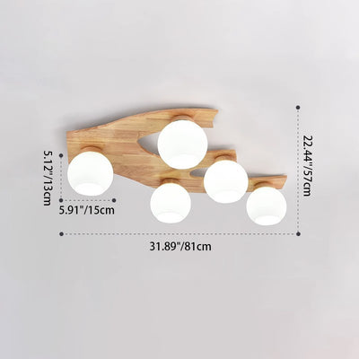 Zeitgenössische nordische Globus Holz Eisen Glas 3/5-Licht Semi-Flush Mount Deckenleuchte für Wohnzimmer 