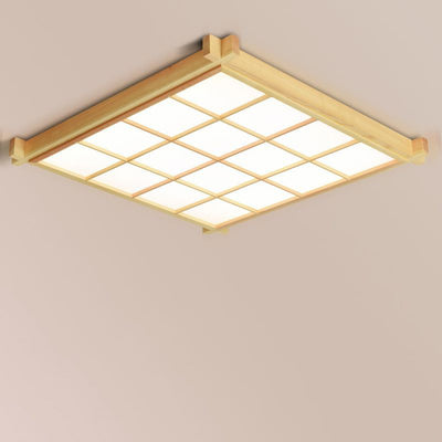 Traditional Japanese Square Wood Acrylic LED Flush Mount Ceiling Light For Living Room