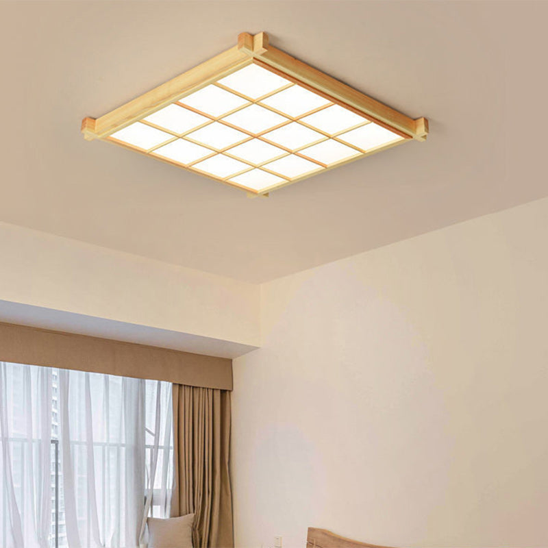 Traditional Japanese Square Wood Acrylic LED Flush Mount Ceiling Light For Living Room