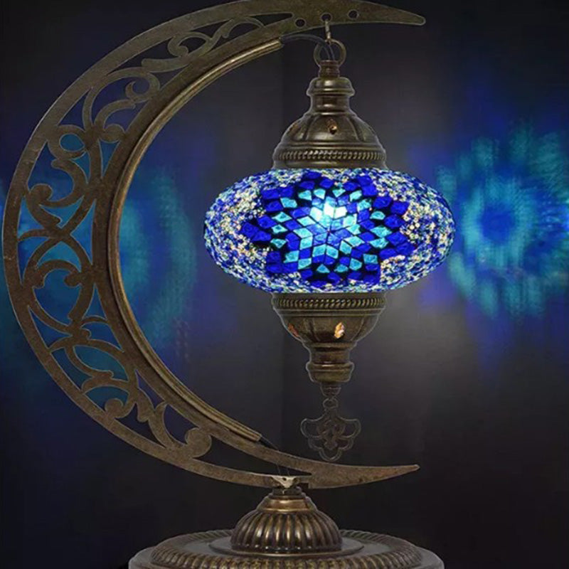 Traditional Tiffany Moon Glass Iron 1-Light Table Lamp For Living Room