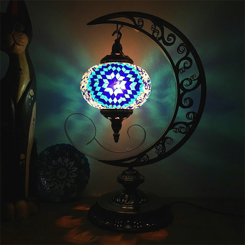 Traditional Tiffany Moon Glass Iron 1-Light Table Lamp For Living Room