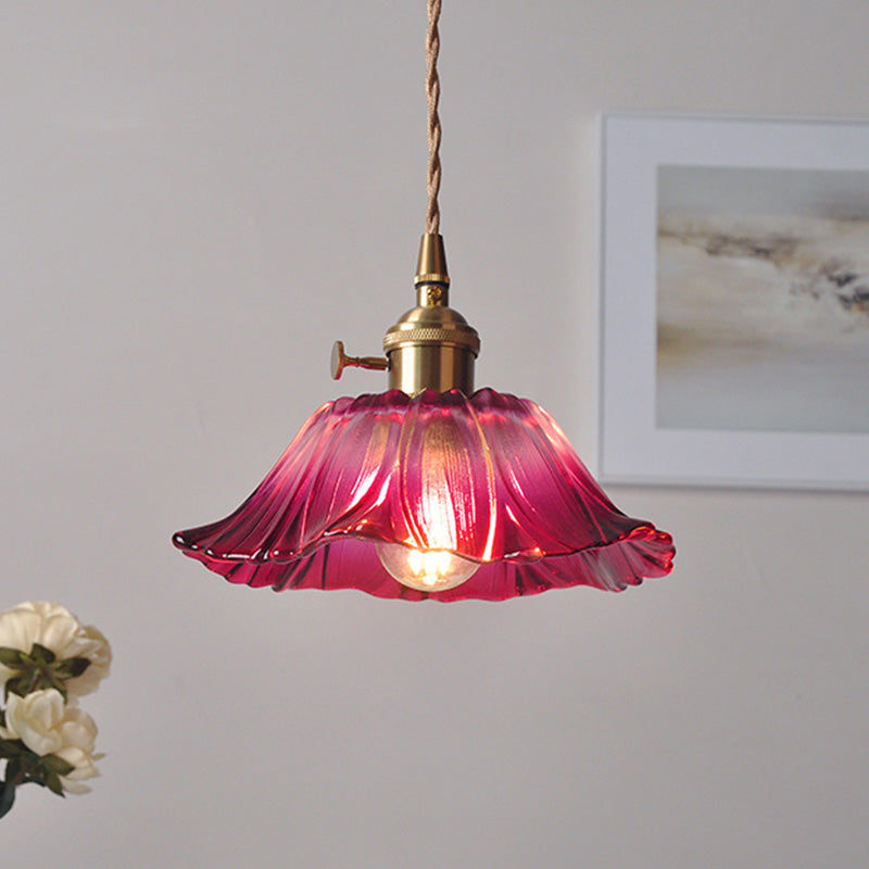 Contemporary Nordic Flower Glass Copper 1-Light Pendant Light For Living Room