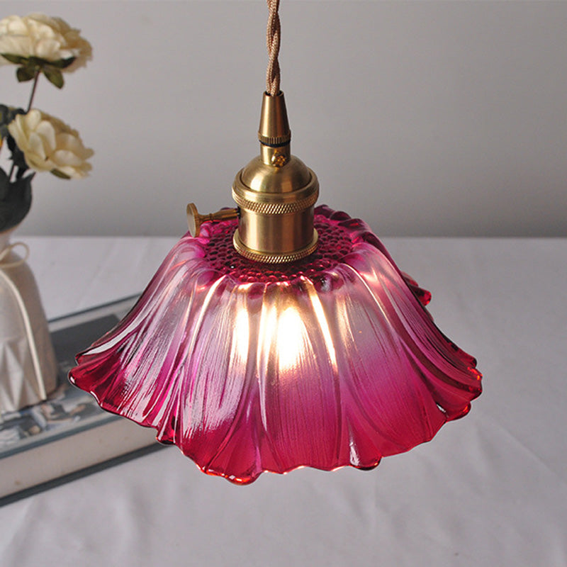 Contemporary Nordic Flower Glass Copper 1-Light Pendant Light For Living Room