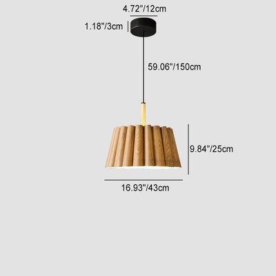 Contemporary Nordic Drum Copper Wood Leather 1-Light Pendant Light For Living Room