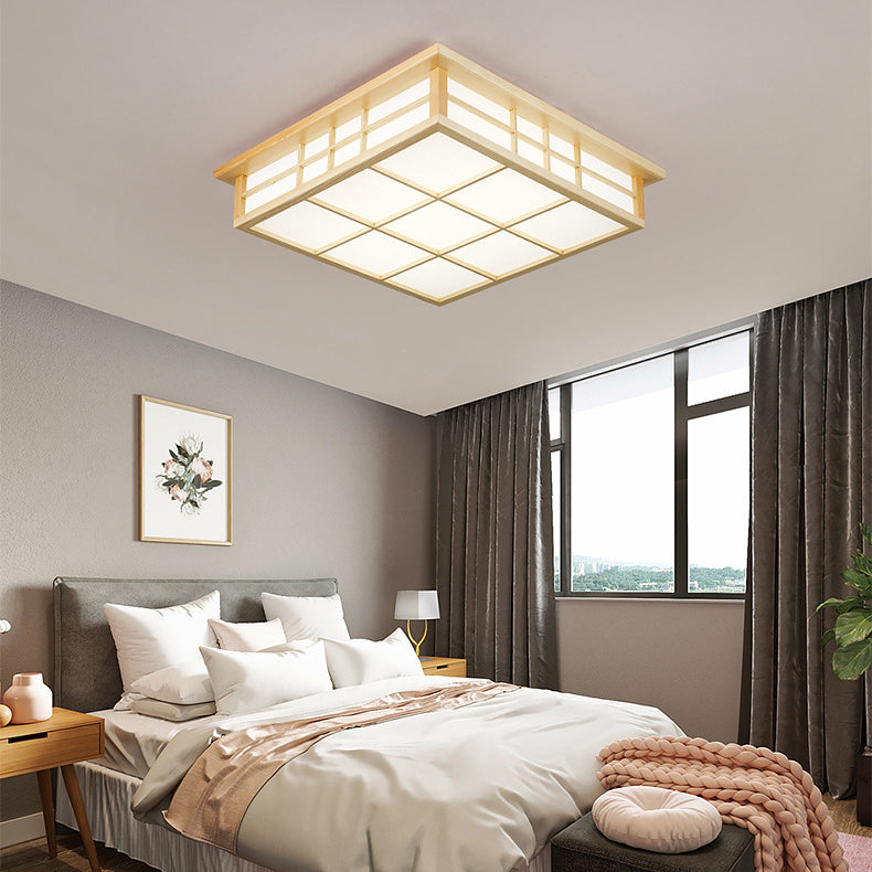 Traditional Japanese Square Wood Paper LED Flush Mount Ceiling Light For Living Room