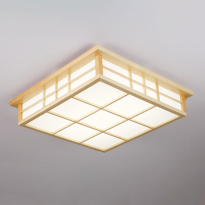 Traditional Japanese Square Wood Paper LED Flush Mount Ceiling Light For Living Room