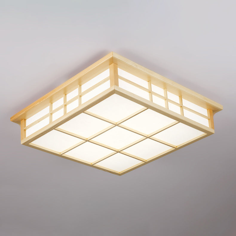 Traditional Japanese Square Wood Paper LED Flush Mount Ceiling Light For Living Room