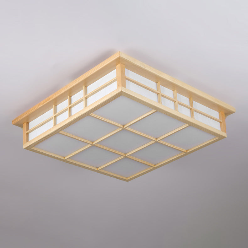 Traditional Japanese Square Wood Paper LED Flush Mount Ceiling Light For Living Room